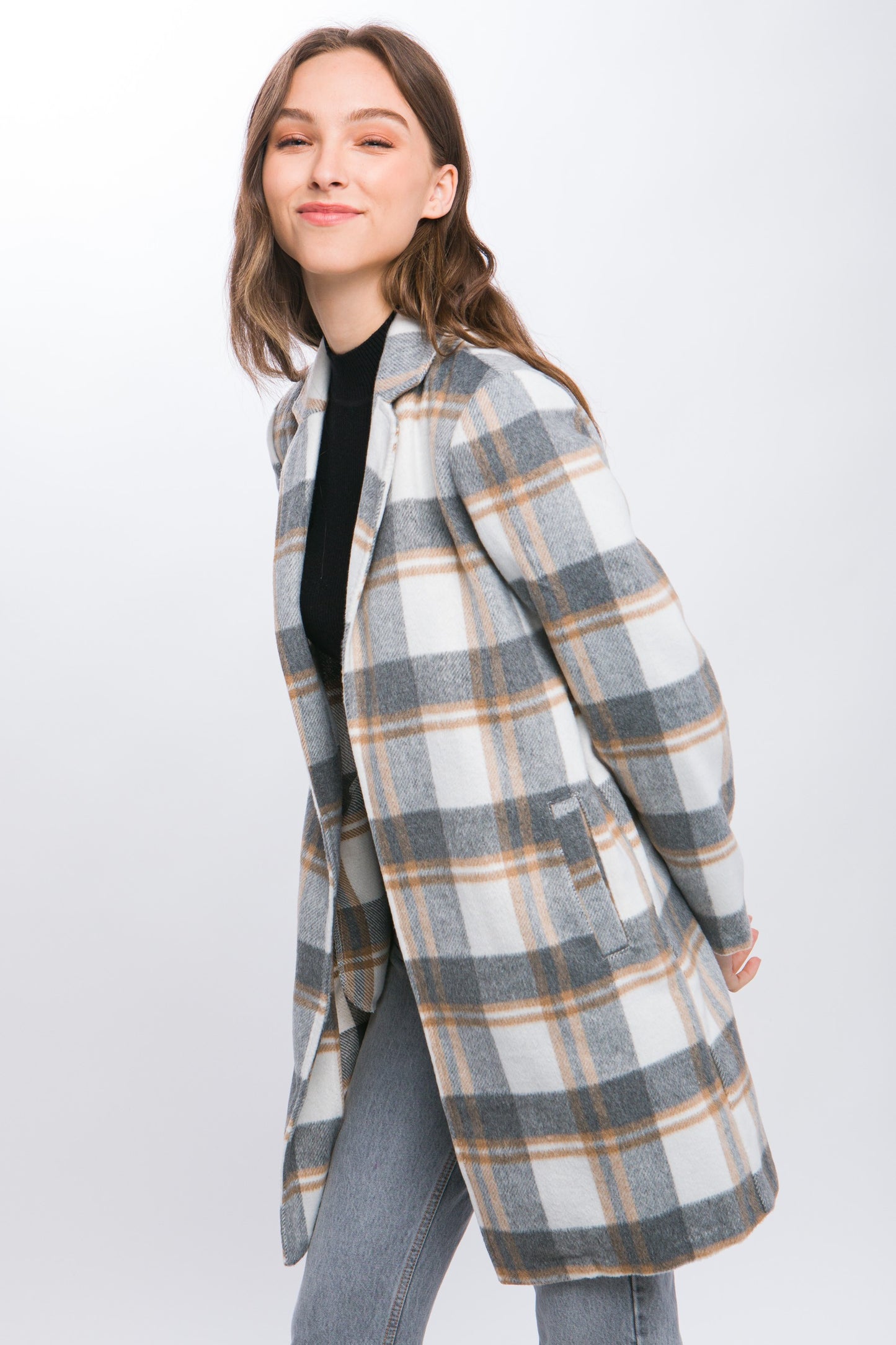 collared plaid full coat